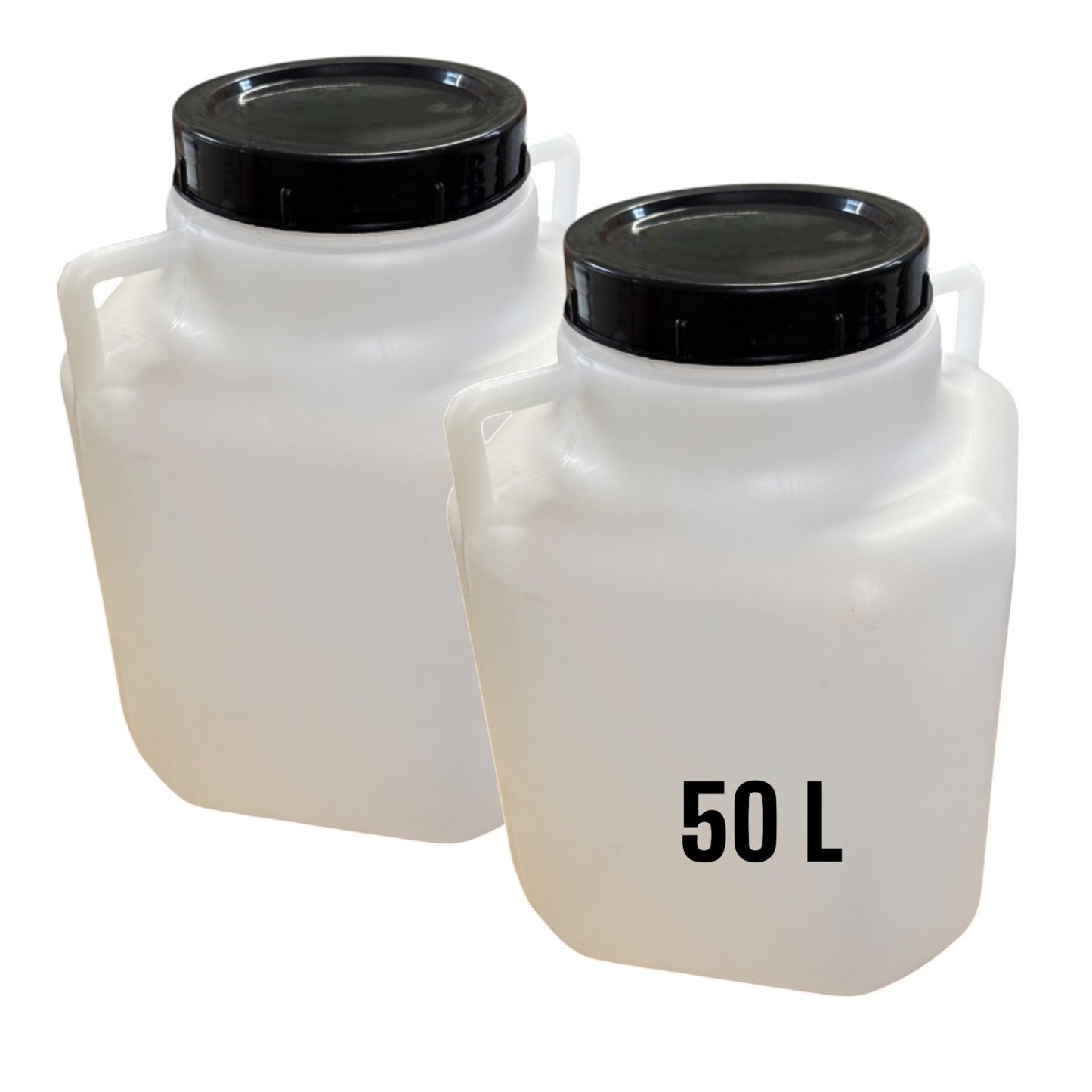 Plastic 50L water and food storage bottle with screw-on lid by Jordan & Jordan, shown with a secure lid and sturdy handle.
