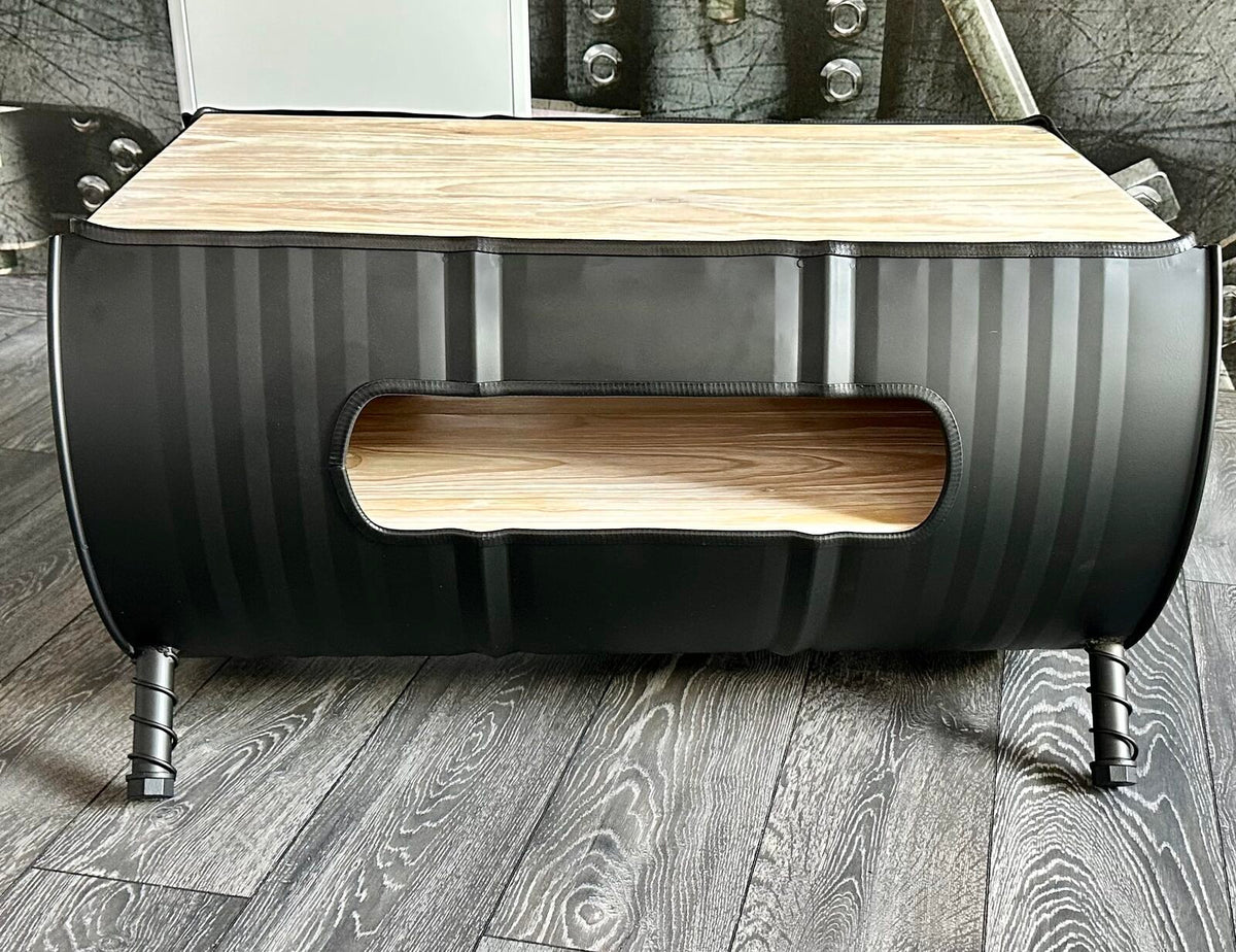 Table de Salon Design Industriel - FUT Métallique Horizontal avec Plateau en Bois Massif - Style Moderne et Élégant