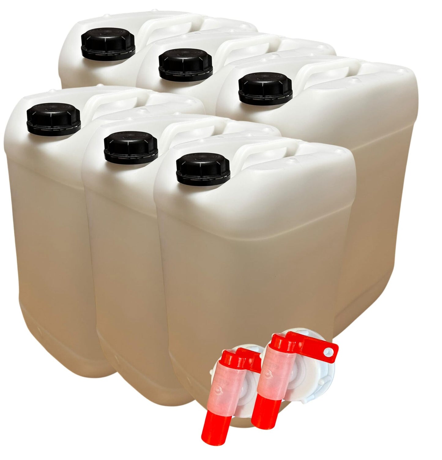Lot de 6 Bidons Plastique 25 L avec Bouchon Hermétique DIN 61 et 2 Robinets Verseurs – PEHD