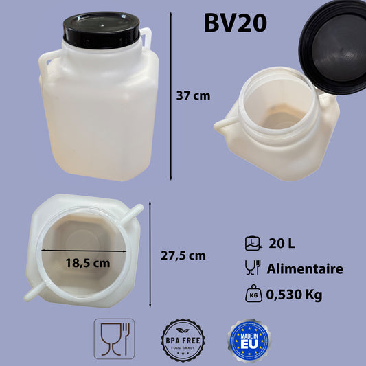 Bidon plastique 20 L — Large ouverture Ø18,5 cm — Stockage alimentaire et eau potable — Poignée et c