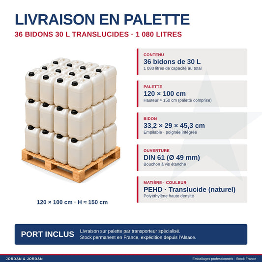 Palette de 36 bidons plastique translucides 30 L