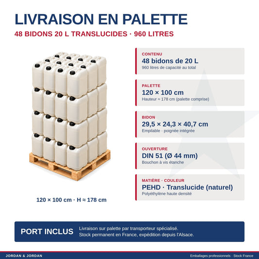 Palette de 48 bidons plastique translucides 20 L