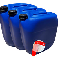 Set of three blue 30L plastic jerry cans by Jordan & Jordan, durable containers for secure food and chemical storage.