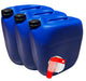 Set of three blue 30L plastic jerry cans by Jordan & Jordan, durable containers for secure food and chemical storage.