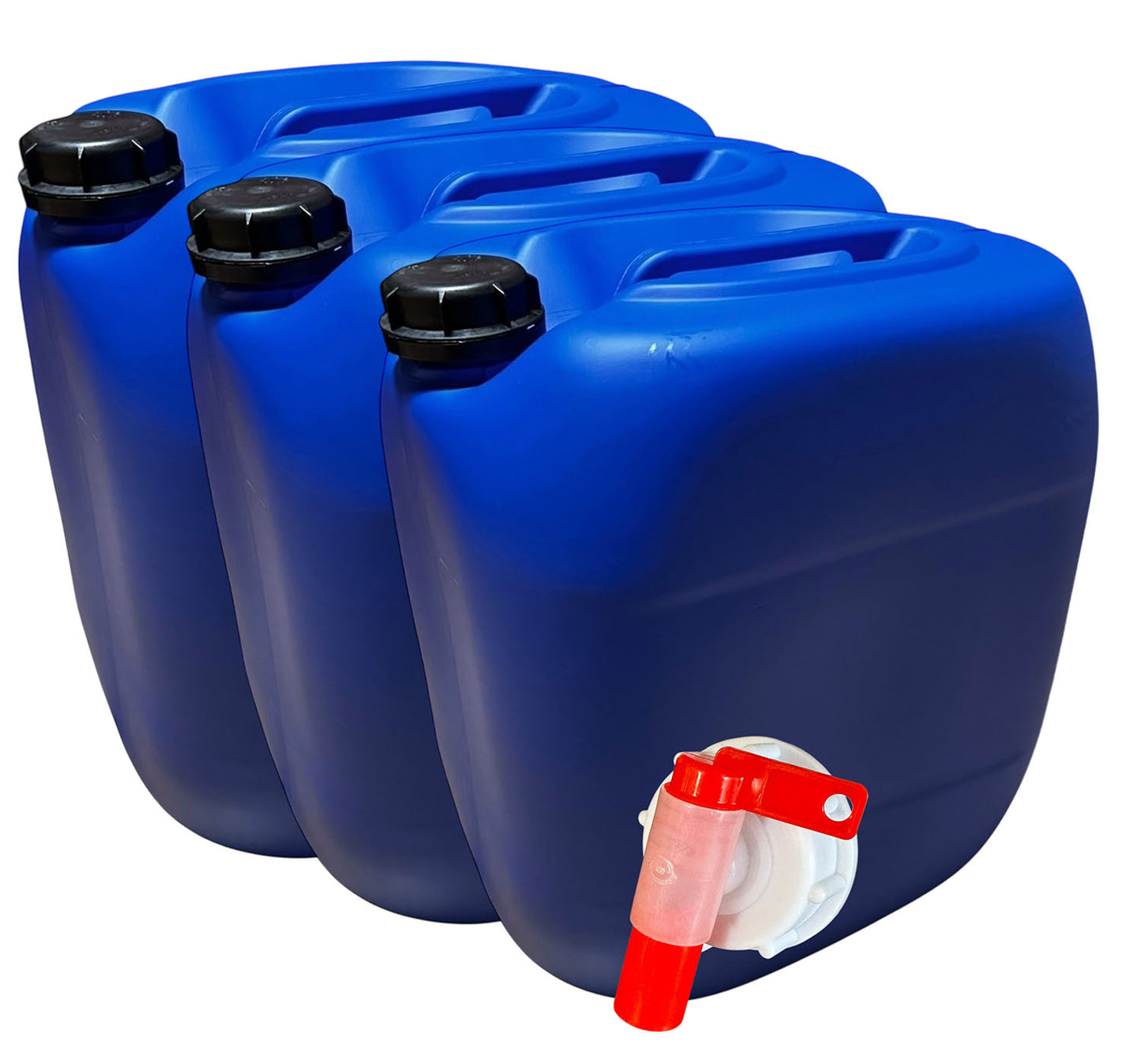 Set of three blue 30L plastic jerry cans by Jordan & Jordan, durable containers for secure food and chemical storage.