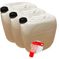 Set of three 30L plastic jerry cans by Jordan & Jordan, durable and secure for food and chemical storage.