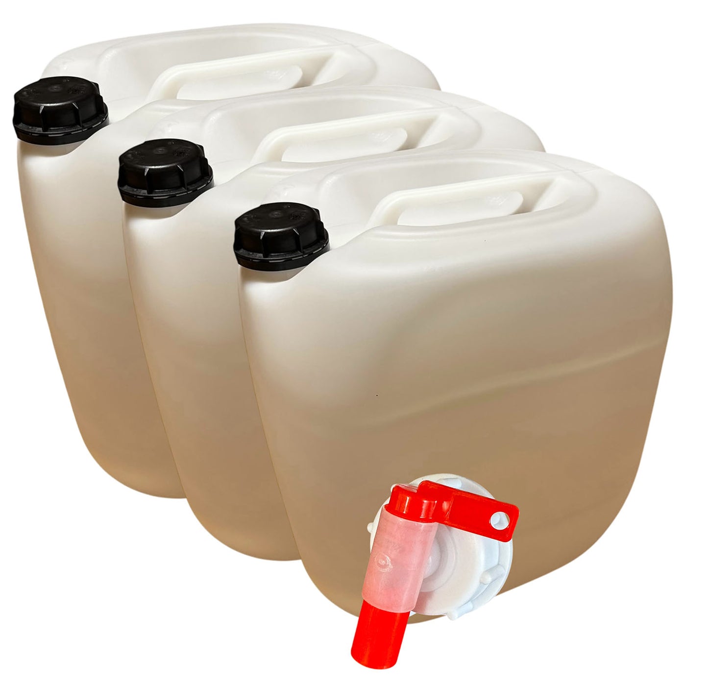 Set of three 30L plastic jerry cans by Jordan & Jordan, durable and secure for food and chemical storage.