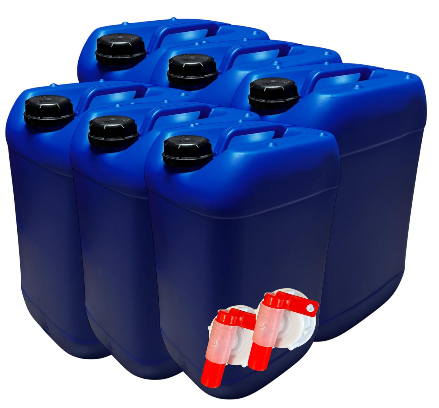 Lot de 6 Bidons Plastique Bleu 25 L avec Bouchon Hermétique DIN 61 et 2 Robinets Verseurs – PEHD
