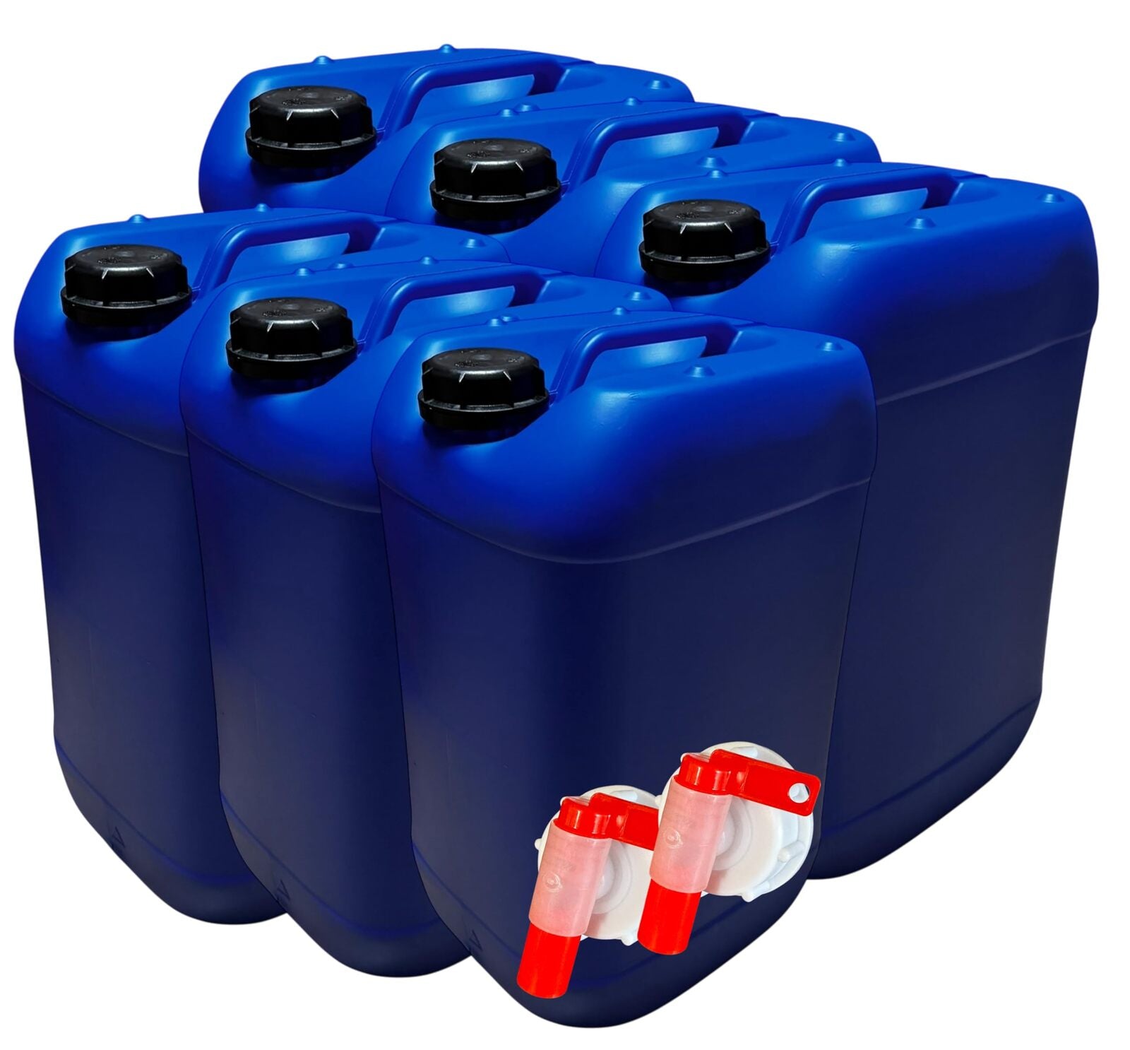 Lot de 6 Bidons Plastique Bleu 25 L avec Bouchon Hermétique DIN 61 et 2 Robinets Verseurs – PEHD
