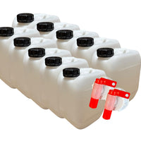 LOT DE 10 X JERRICAN BIDON PLASTIQUE 10 L LITRES AVEC BOUCHON ÉTANCHE ET 2 ROBINETS VERSEURS– IDÉAL POUR LIQUIDES ALIMENTAIRES E