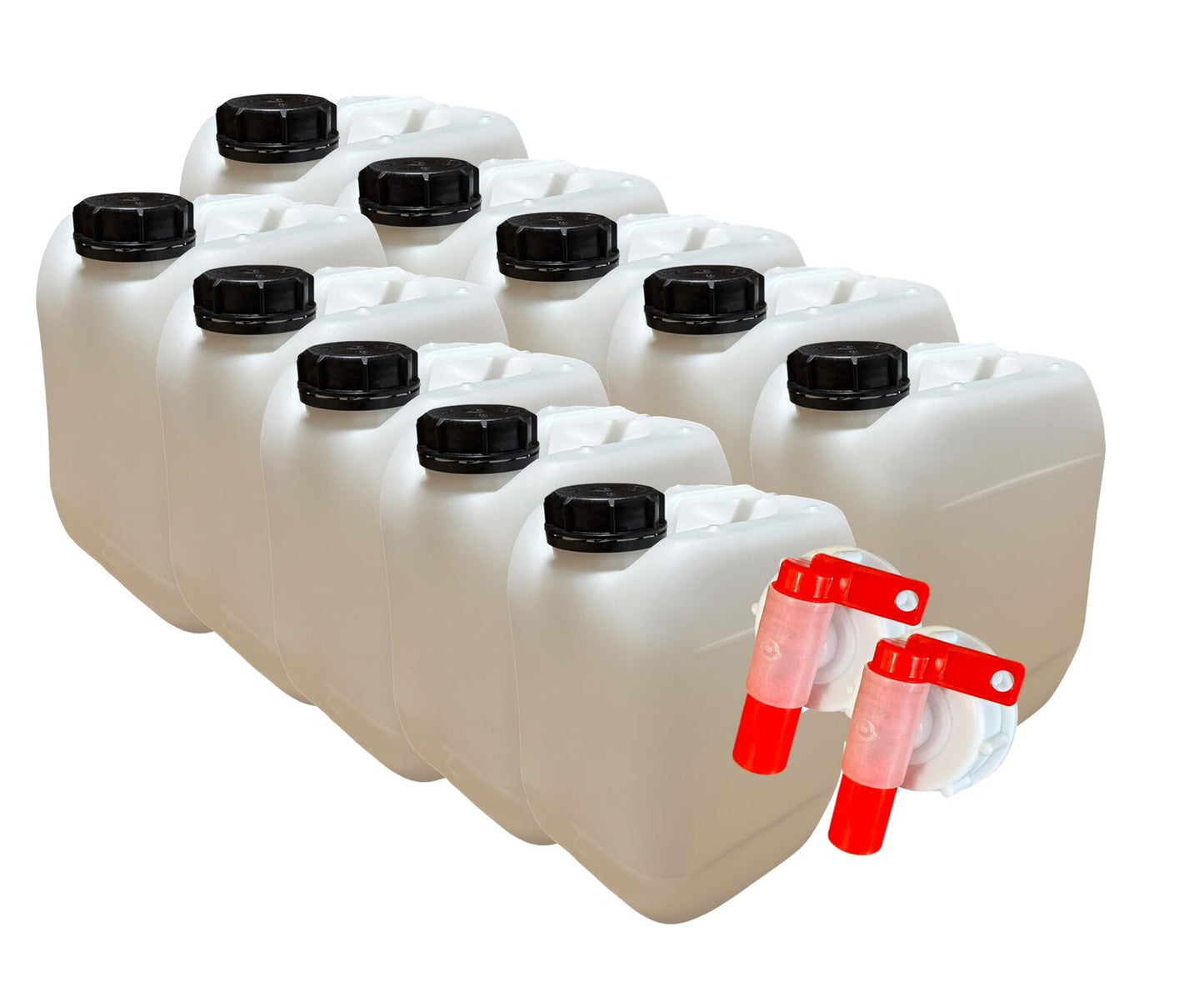 LOT DE 10 X JERRICAN BIDON PLASTIQUE 10 L LITRES AVEC BOUCHON ÉTANCHE ET 2 ROBINETS VERSEURS– IDÉAL POUR LIQUIDES ALIMENTAIRES E
