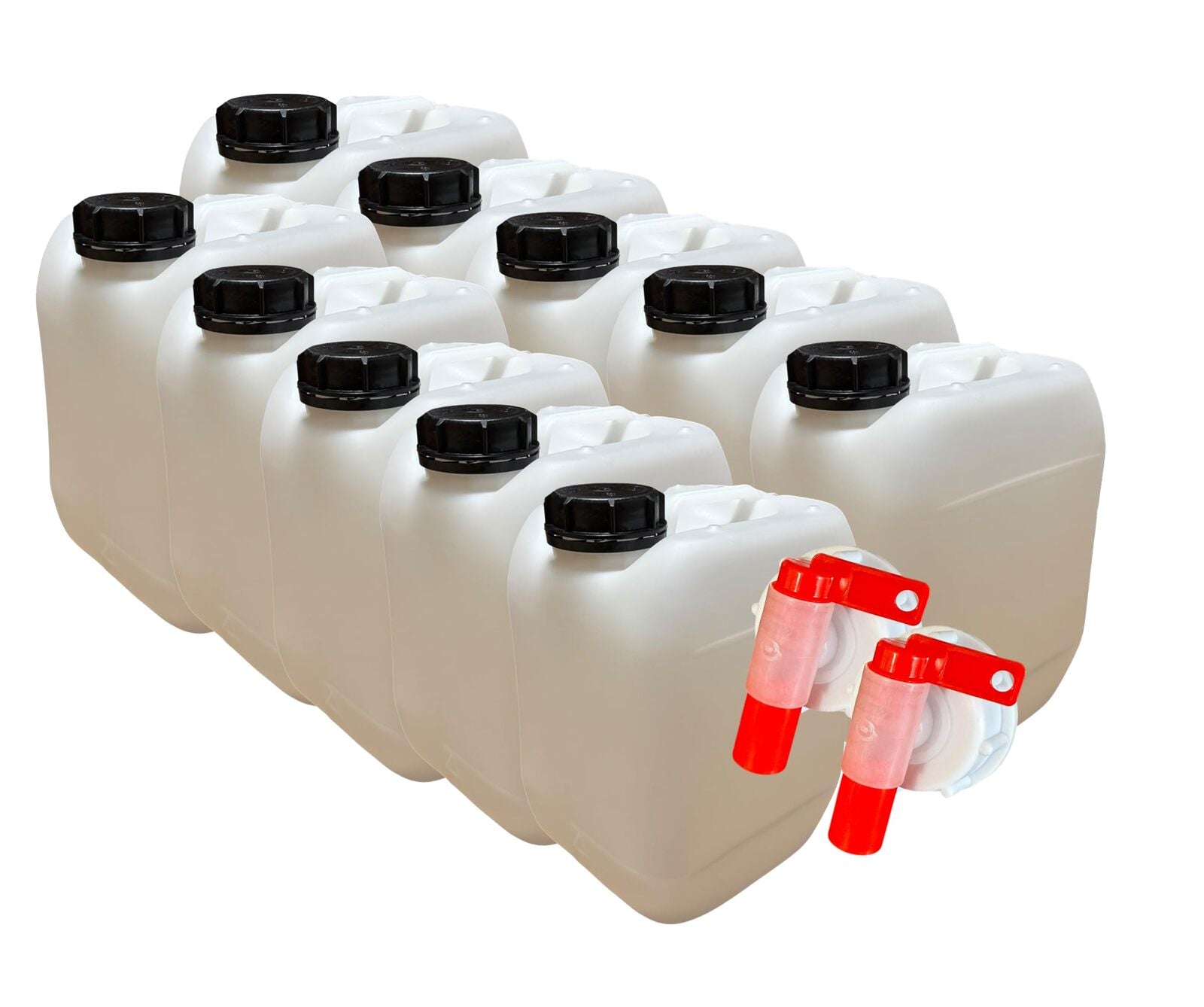 Lot de 10 x Jerrican Bidon Plastique 5 L litres avec Bouchon Étanche et 2 Robinets Verseurs– Idéal pour Liquides Alimentaires et