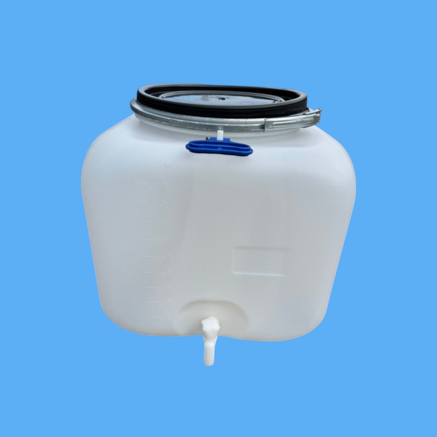 Square 100L plastic drum with spout and lid, made of food-grade HDPE by Jordan & Jordan, shown in white.