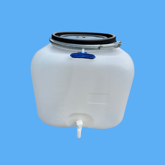 Square 100L plastic drum with spout and lid, made of food-grade HDPE by Jordan & Jordan, shown in white.