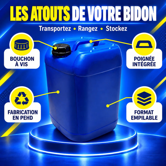 Bidon plastique PEHD : bouchon à vis, poignée intégrée, format empilable