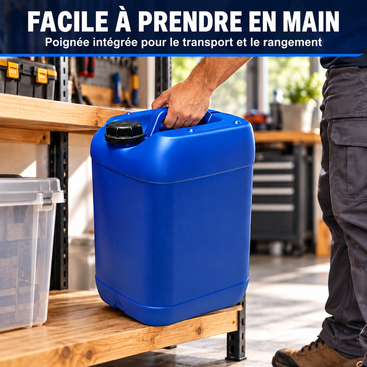 Bidon plastique porté par sa poignée dans un atelier