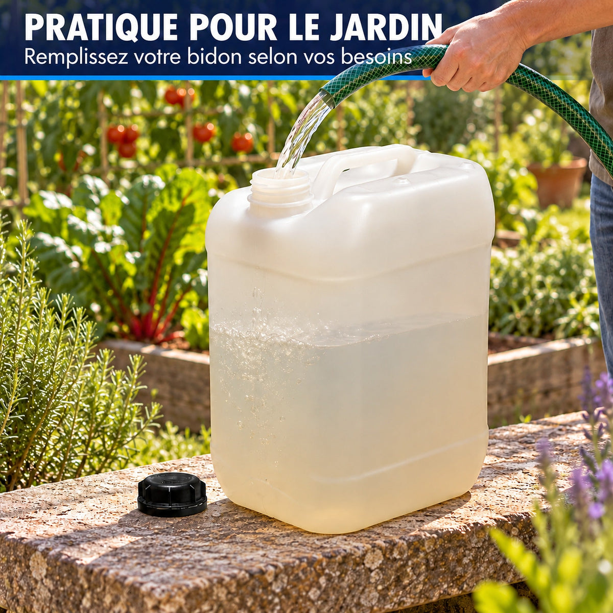 Bidon plastique rempli au tuyau dans un jardin
