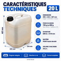 Bidon 20 L - caractéristiques techniques : 29,5 x 24,3 x 40,7 cm, ouverture DIN 51