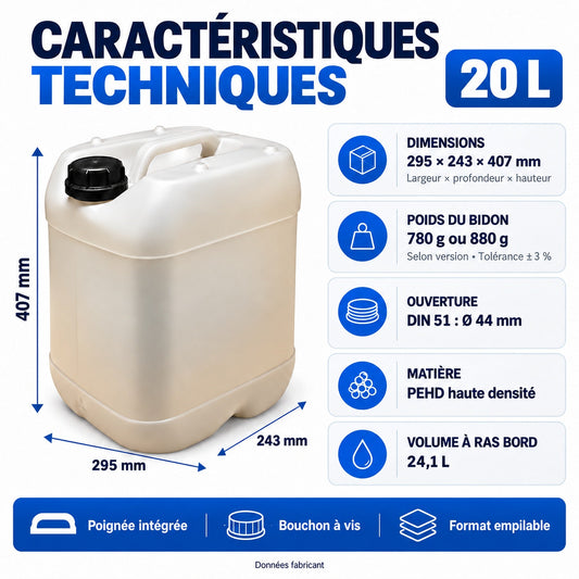 Bidon 20 L - caractéristiques techniques : 29,5 x 24,3 x 40,7 cm, ouverture DIN 51