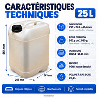 Bidon 25 L - caractéristiques techniques : 29,5 x 24,3 x 46,4 cm, ouverture DIN 51
