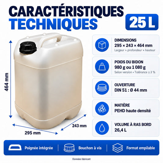 Bidon 25 L - caractéristiques techniques : 29,5 x 24,3 x 46,4 cm, ouverture DIN 51