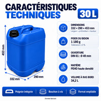 Bidon plastique bleu 30 L caractéristiques techniques : 33,2 x 29 x 45,3 cm, DIN 61, 34,2 L à ras bord