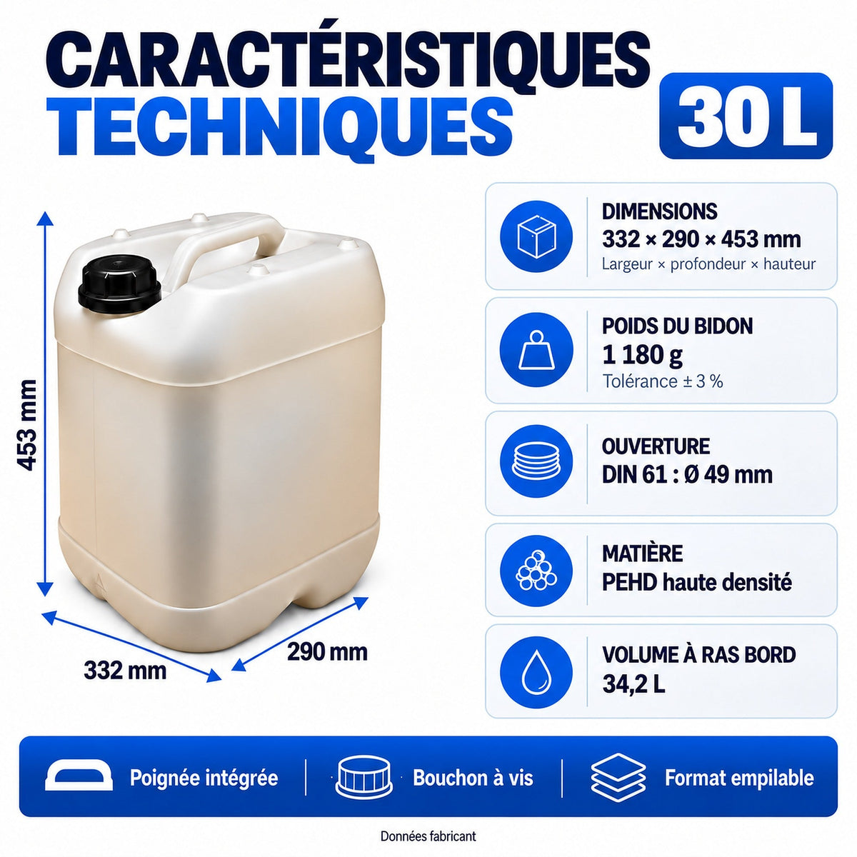 Bidon plastique 30 L caractéristiques techniques 33,2 × 29 × 45,3 cm
