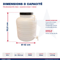 Fût alimentaire 60 L blanc dimensions Ø 42 x 52,5 cm