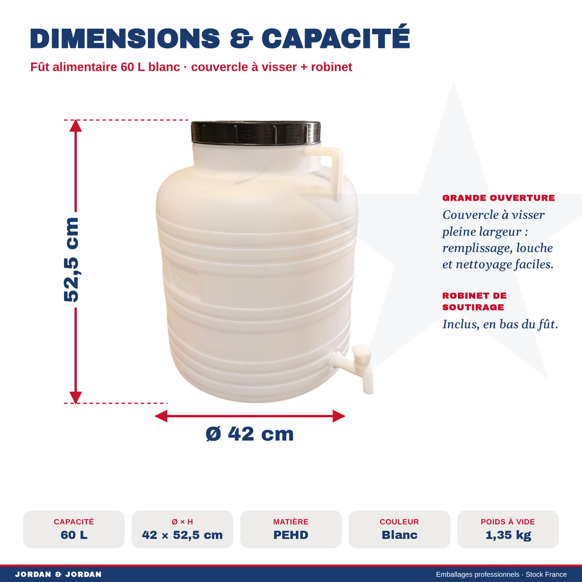 Fût alimentaire 60 L blanc dimensions Ø 42 x 52,5 cm