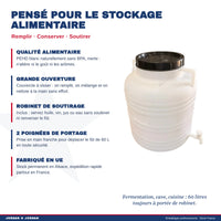 Fût alimentaire 60 L blanc atouts : grande ouverture, robinet, sans BPA