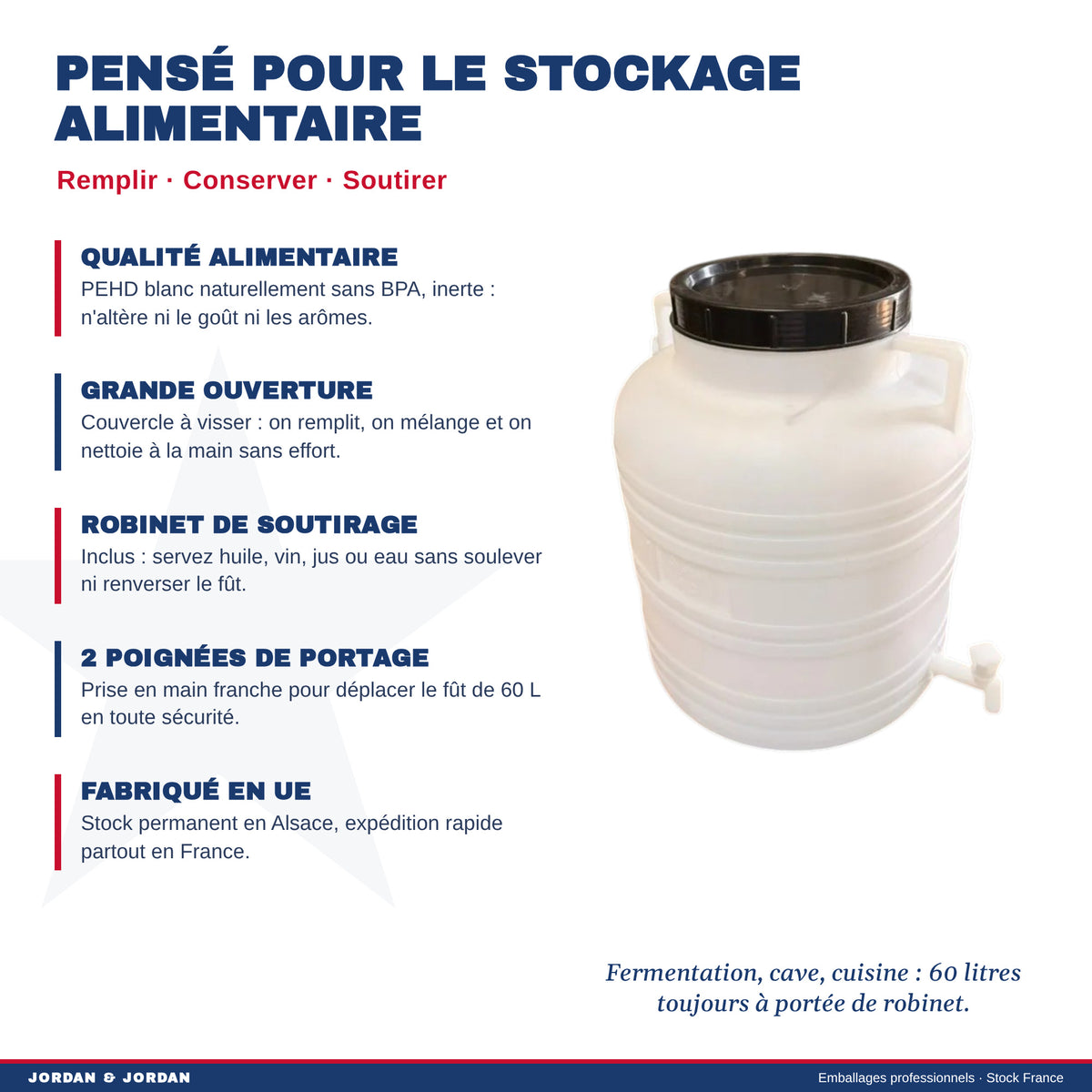 Fût alimentaire 60 L blanc atouts : grande ouverture, robinet, sans BPA