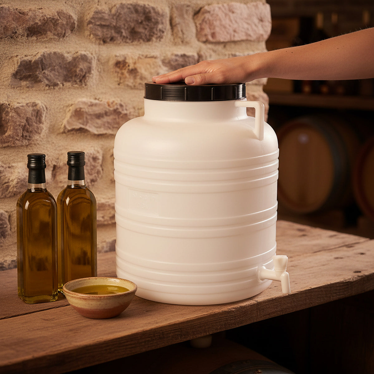 Fût alimentaire 60 L blanc avec robinet pour stockage d'huile d'olive en cave