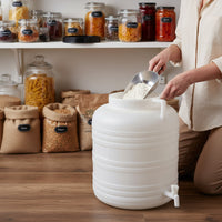 Fût alimentaire 60 L blanc grande ouverture pour stockage de farine au cellier