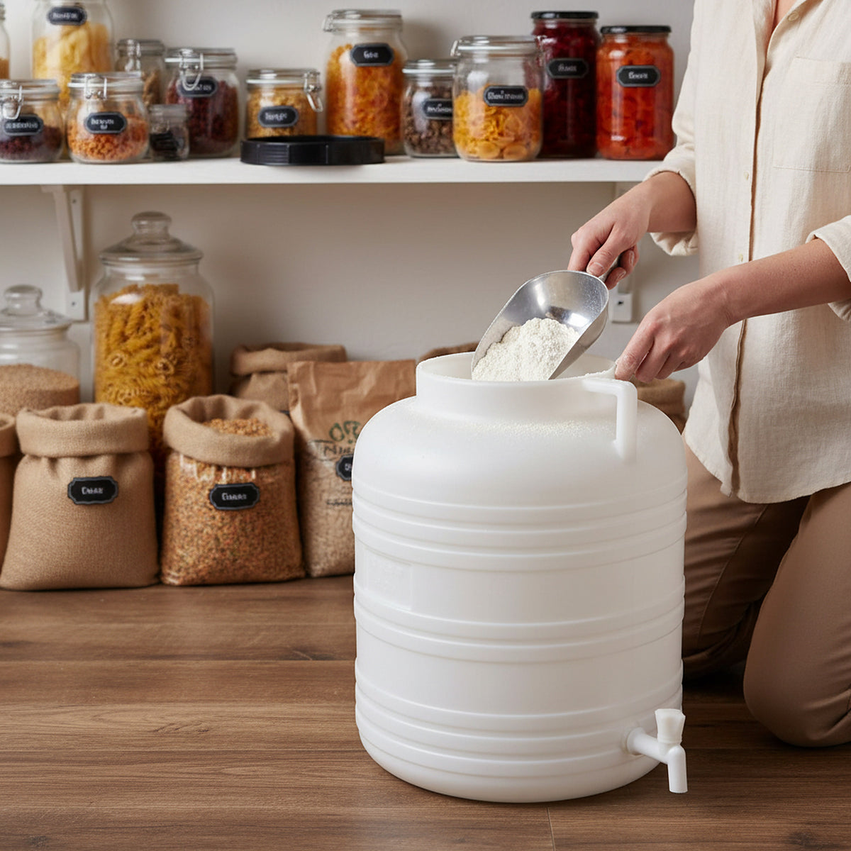 Fût alimentaire 60 L blanc grande ouverture pour stockage de farine au cellier