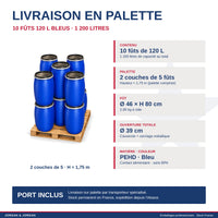 Livraison en palette : 10 fûts 120 L, port inclus
