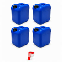 Lot de 4 bidons plastique bleus 20 L avec bouchon DIN 61 et 1 robinet verseur