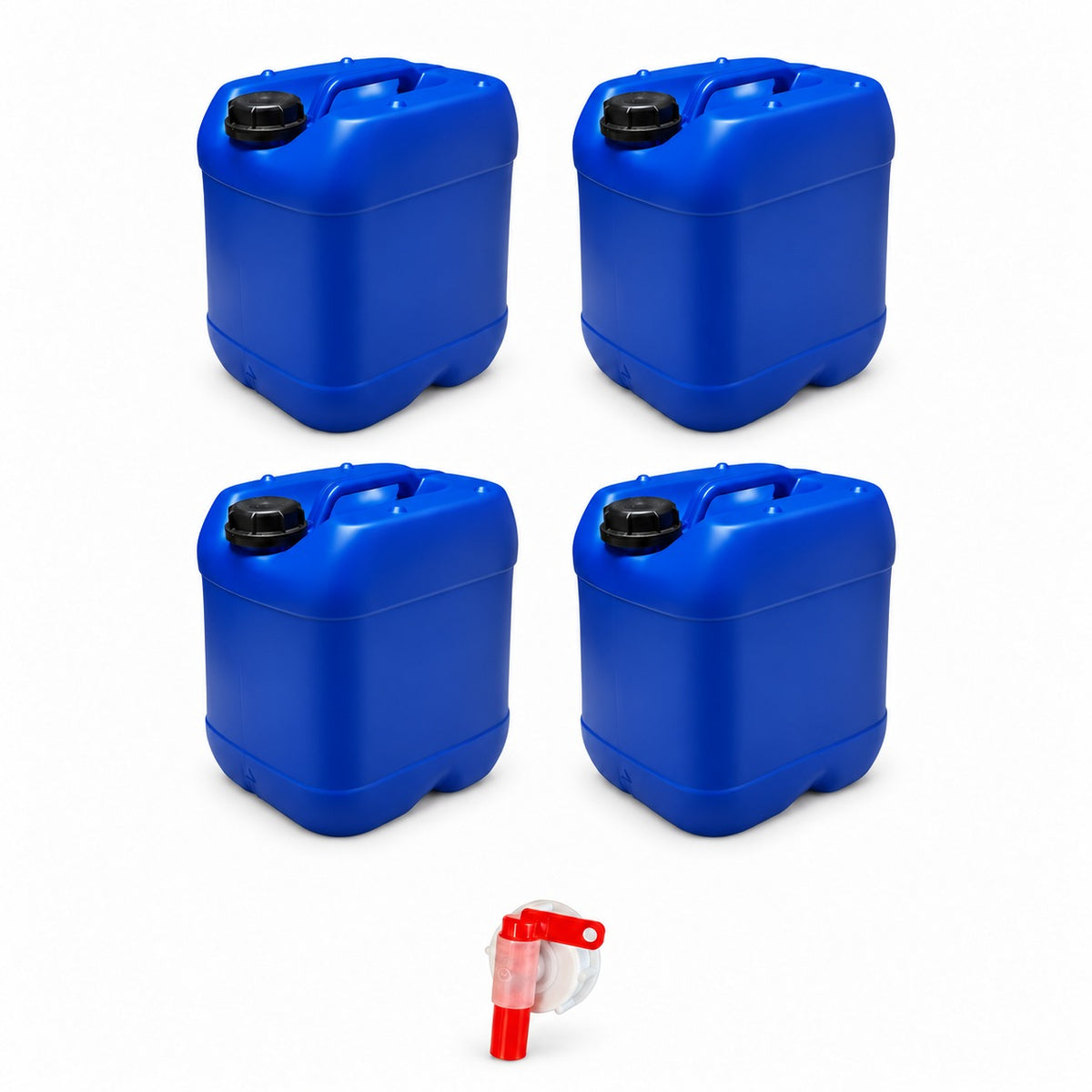Lot de 4 bidons plastique bleus 20 L avec bouchon DIN 61 et 1 robinet verseur