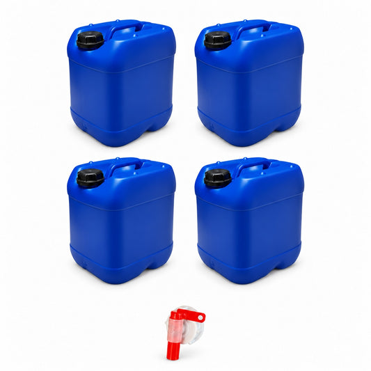 Lot de 4 bidons plastique bleus 20 L avec bouchon DIN 61 et 1 robinet verseur