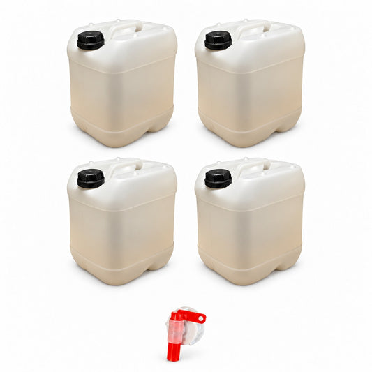 Lot de 4 bidons plastique 20 L naturels avec bouchon et 1 robinet verseur
