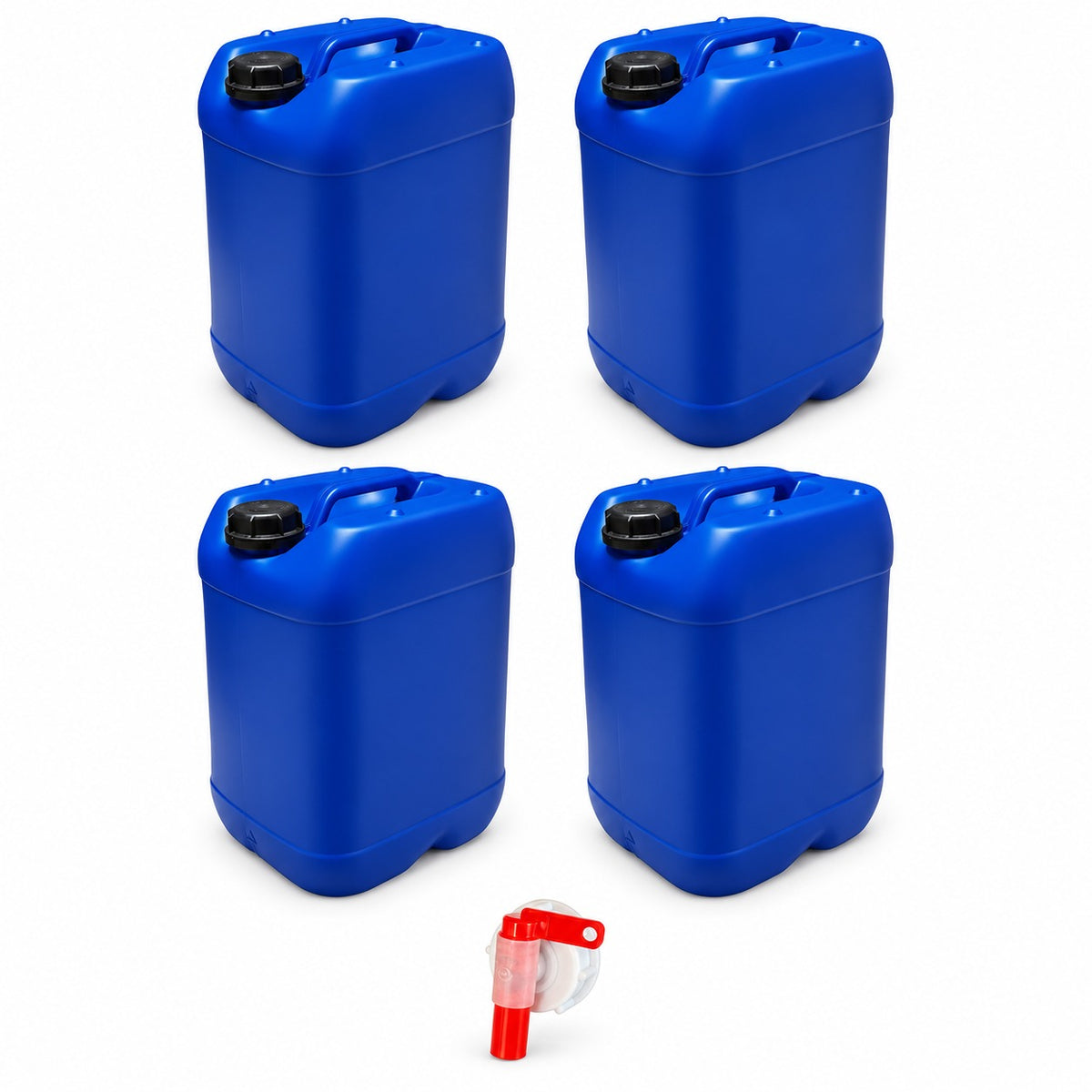 Lot de 4 bidons plastique bleus 25 L avec bouchon DIN 61 et 1 robinet verseur