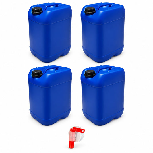 Lot de 4 bidons plastique bleus 25 L avec bouchon DIN 61 et 1 robinet verseur