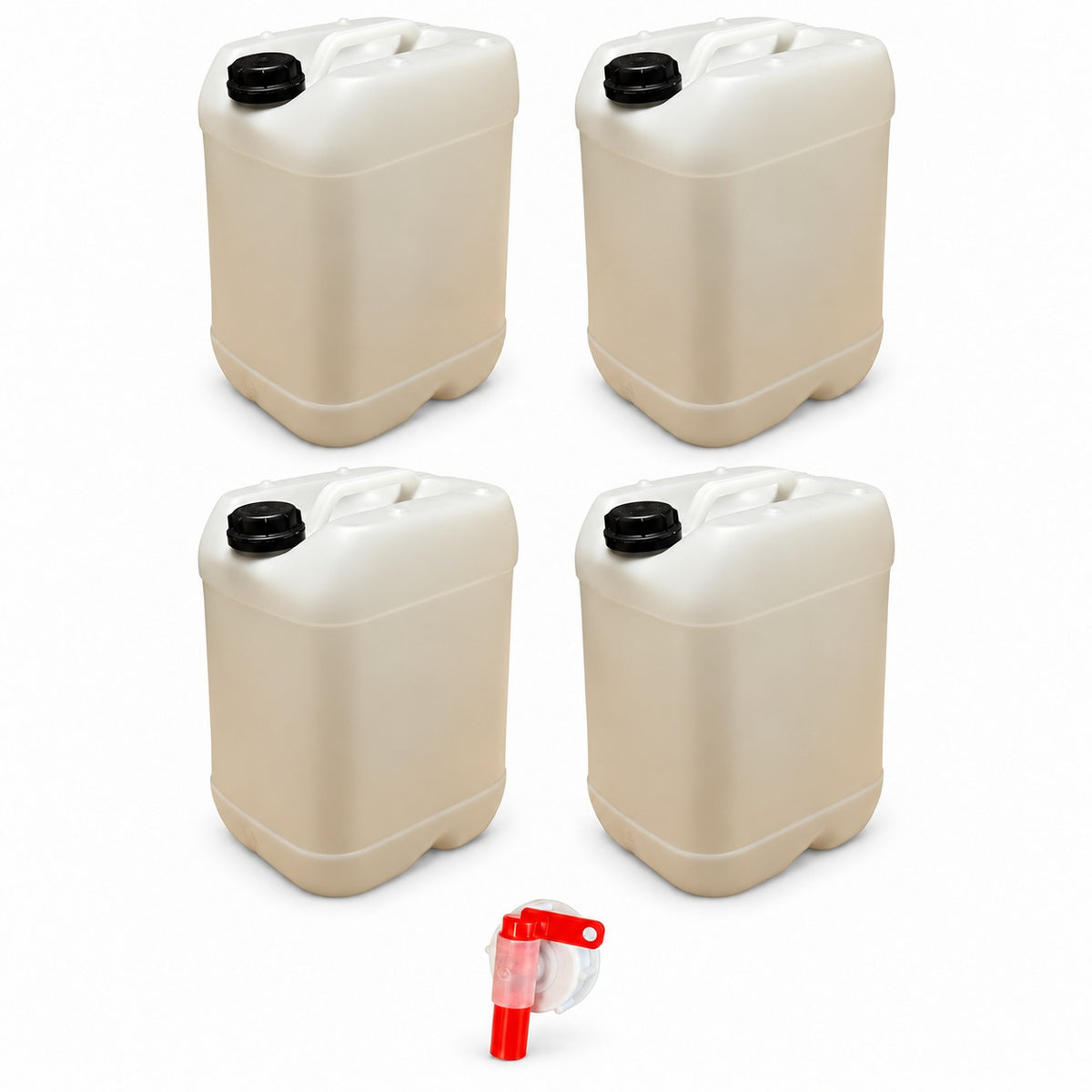Lot de 4 bidons plastique 25 L naturels avec bouchon DIN 61 et 1 robinet verseur