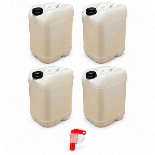Lot de 4 bidons plastique 25 L naturels avec bouchon DIN 61 et 1 robinet verseur