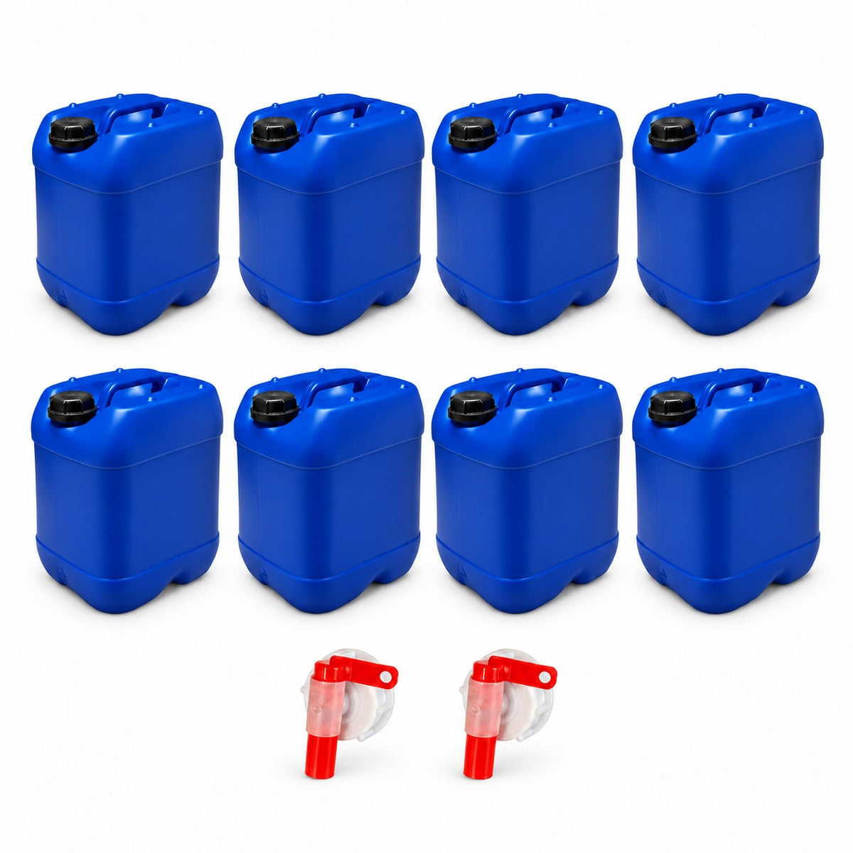 Lot de 8 bidons plastique bleus 20 L avec bouchon et 2 robinets verseurs
