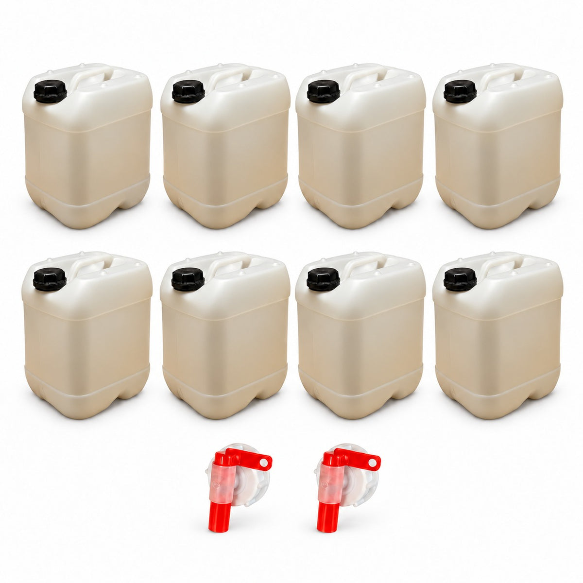 Lot de 8 bidons plastique 20 L naturels avec bouchon et 2 robinets verseurs