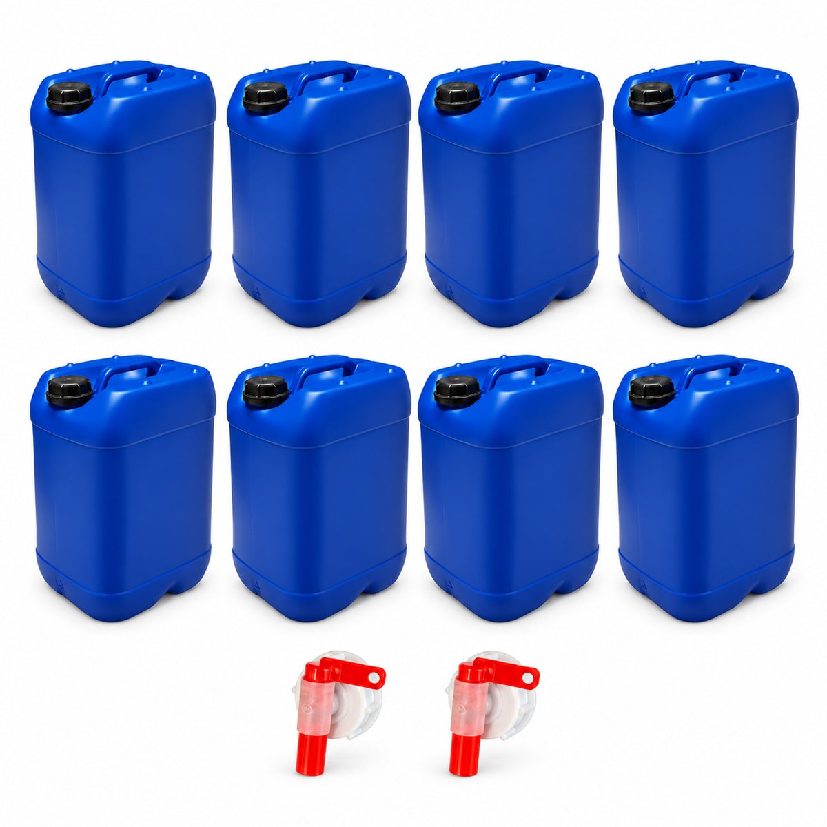 Lot de 8 bidons plastique bleus 25 L avec bouchon DIN 61 et 2 robinets verseurs