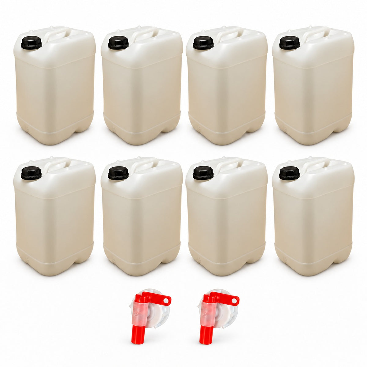 Lot de 8 bidons plastique 25 L naturels avec bouchon DIN 61 et 2 robinets verseurs