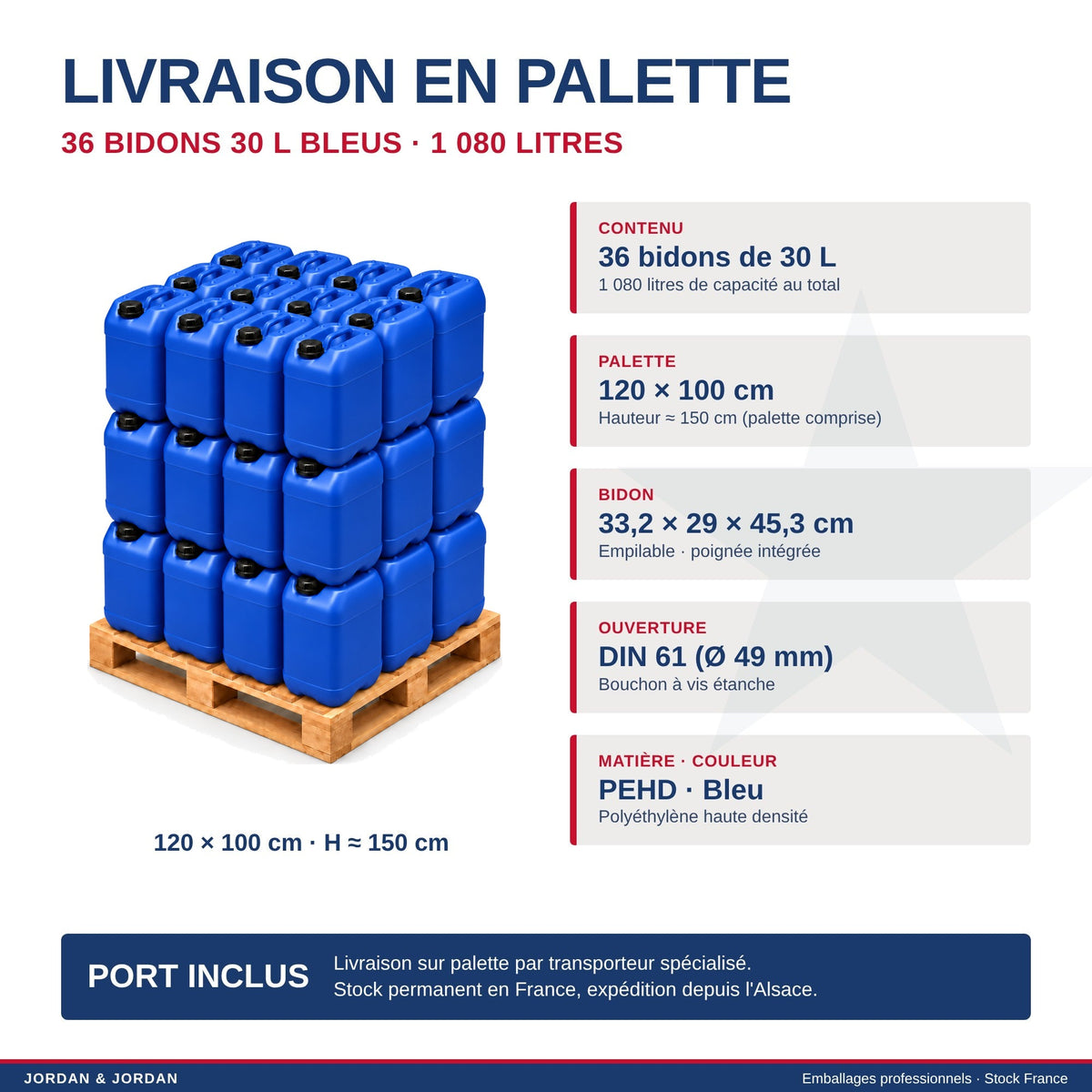 Palette 36 bidons 30 L : dimensions 120 x 100 cm, livraison port inclus