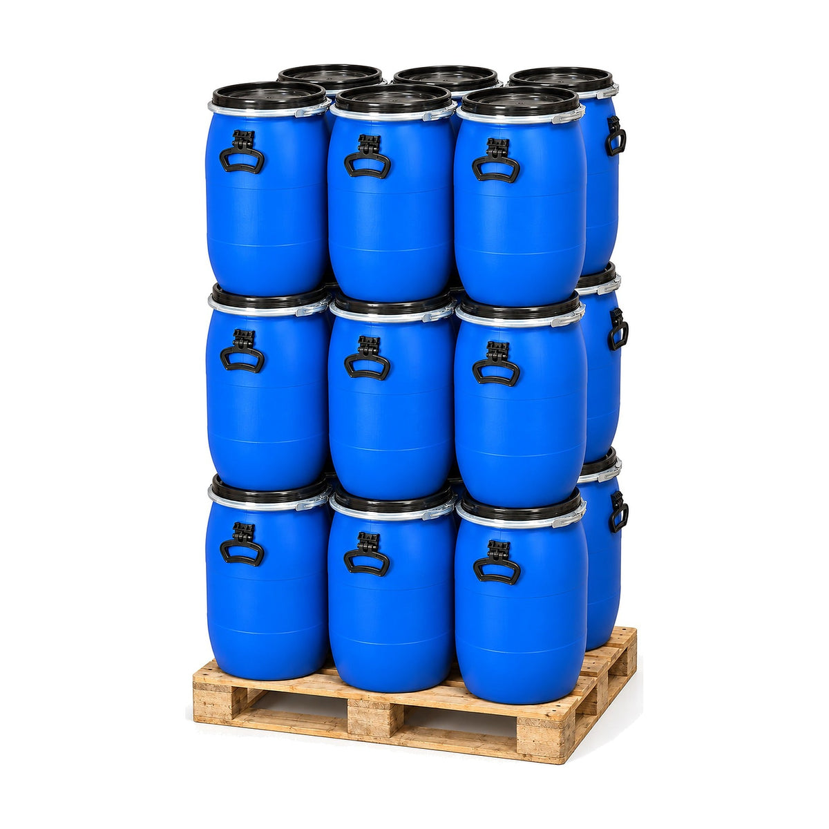 Lot de 18 fûts 60 L bleus ouverture totale – photo principale