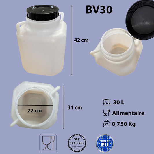 Bidon plastique 30 L — Large ouverture Ø22 cm — Stockage eau potable, huiles et liquides alimentaires